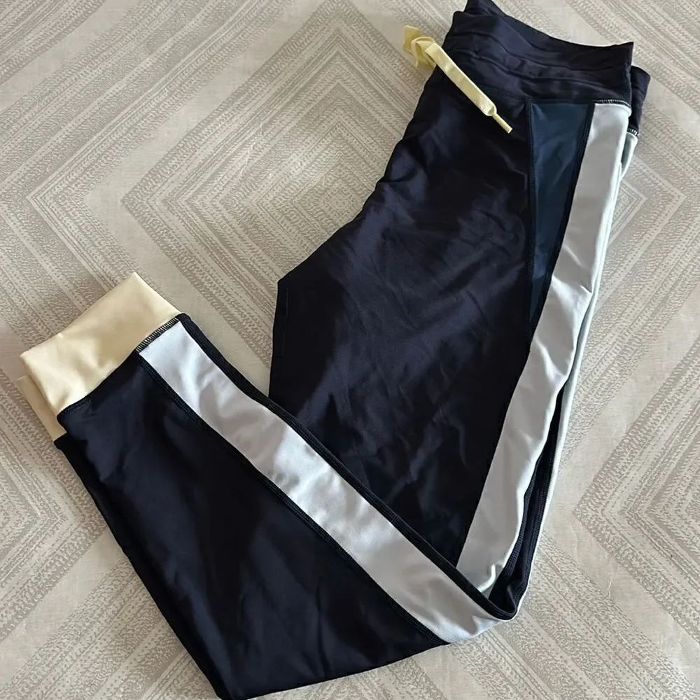 The Upside Women’s Navy, Grey and Yellow Color Block Scandi Midi Leggings